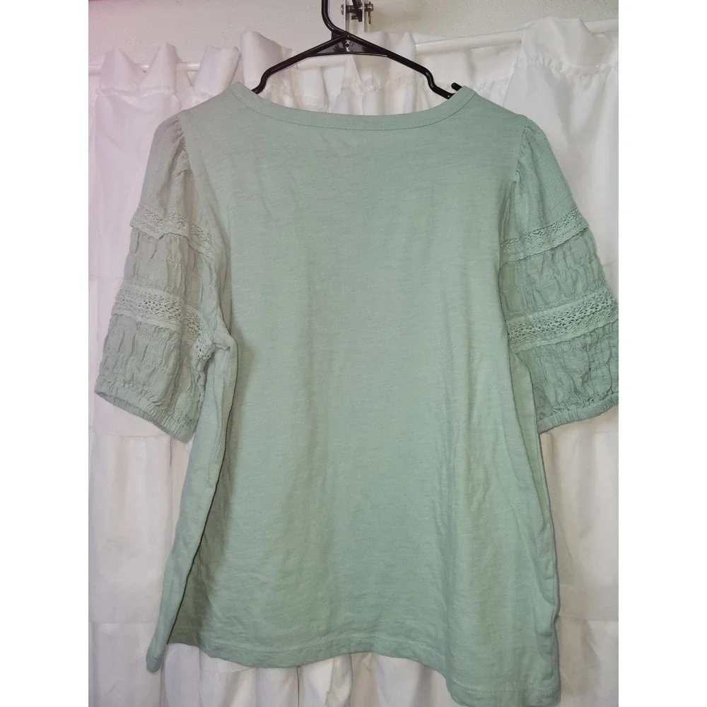 LOFT Mint Green Smocked Lace Puff Sleeve Top Womens Large Knit Blouse 1322